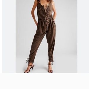 NWOT Free People One Billie Jumpsuit L Brown Mocha Pockets Tie Waist